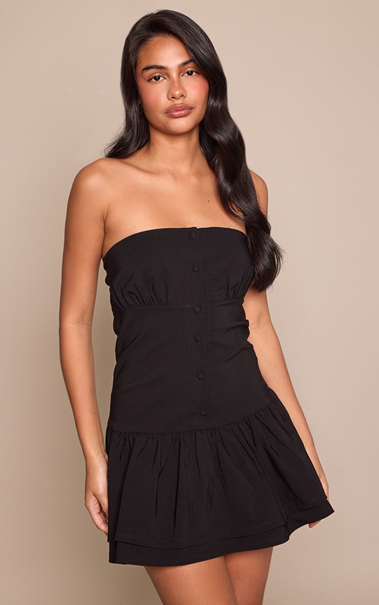 Black Stretch Woven Bandeau Button Detail Shift Dress