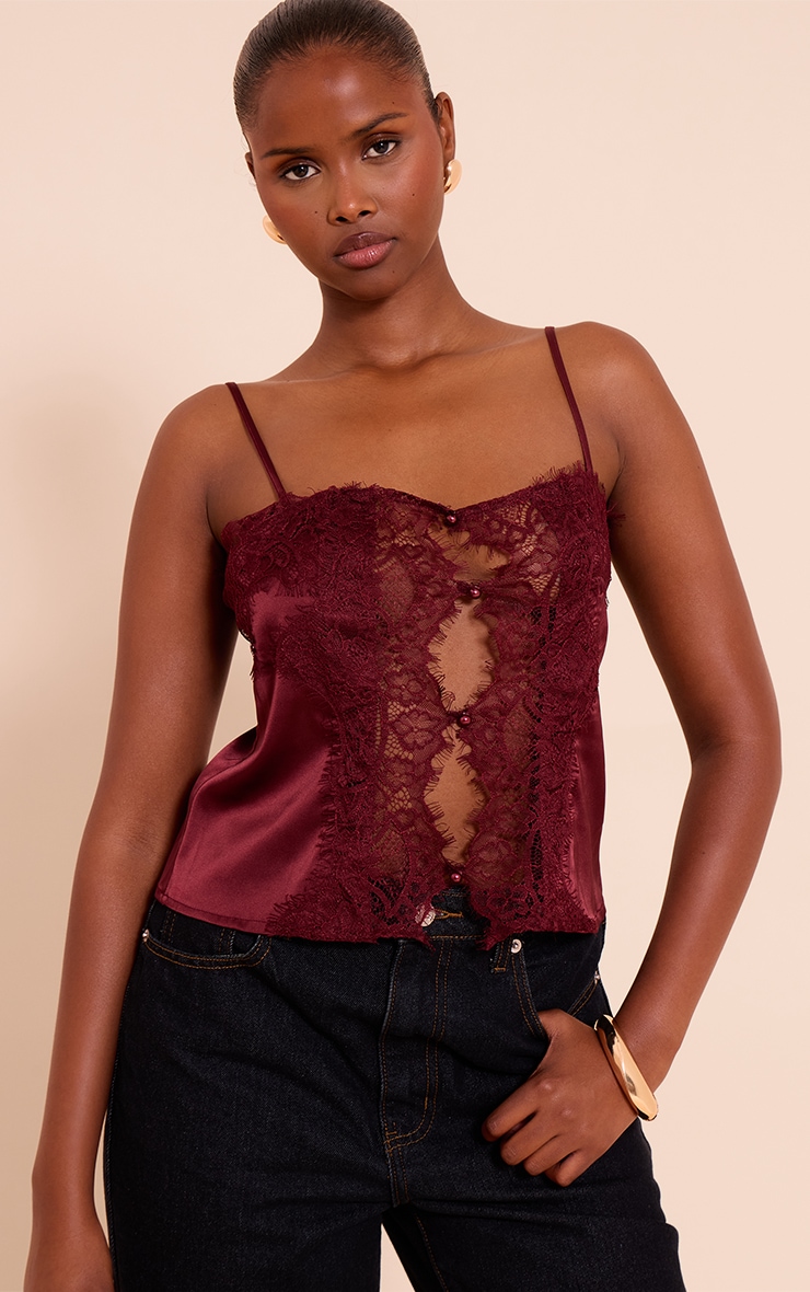 Burgundy Satin Lace Panel Strappy Cami Top image 1