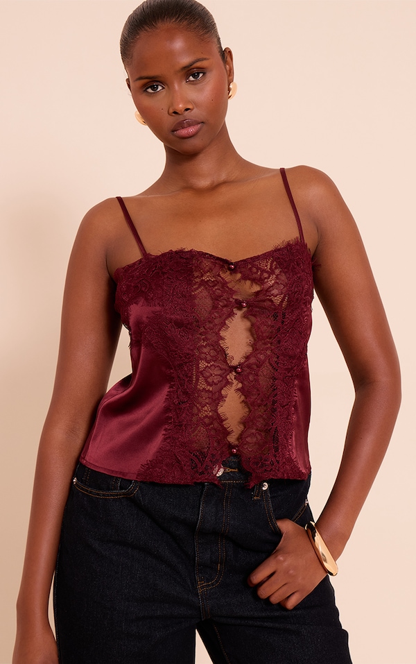Burgundy Satin Lace Panel Strappy Cami Top