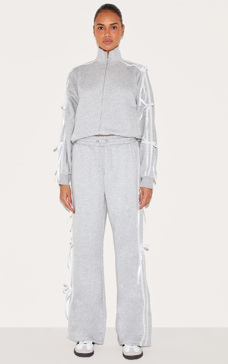Grey Marl Velvet Bow Detail Oversized Zip Up Sweatshirt image 3