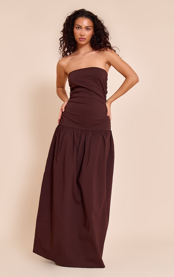 Chocolate Stretch Woven Bandeau Ruched Maxi Dress image 1