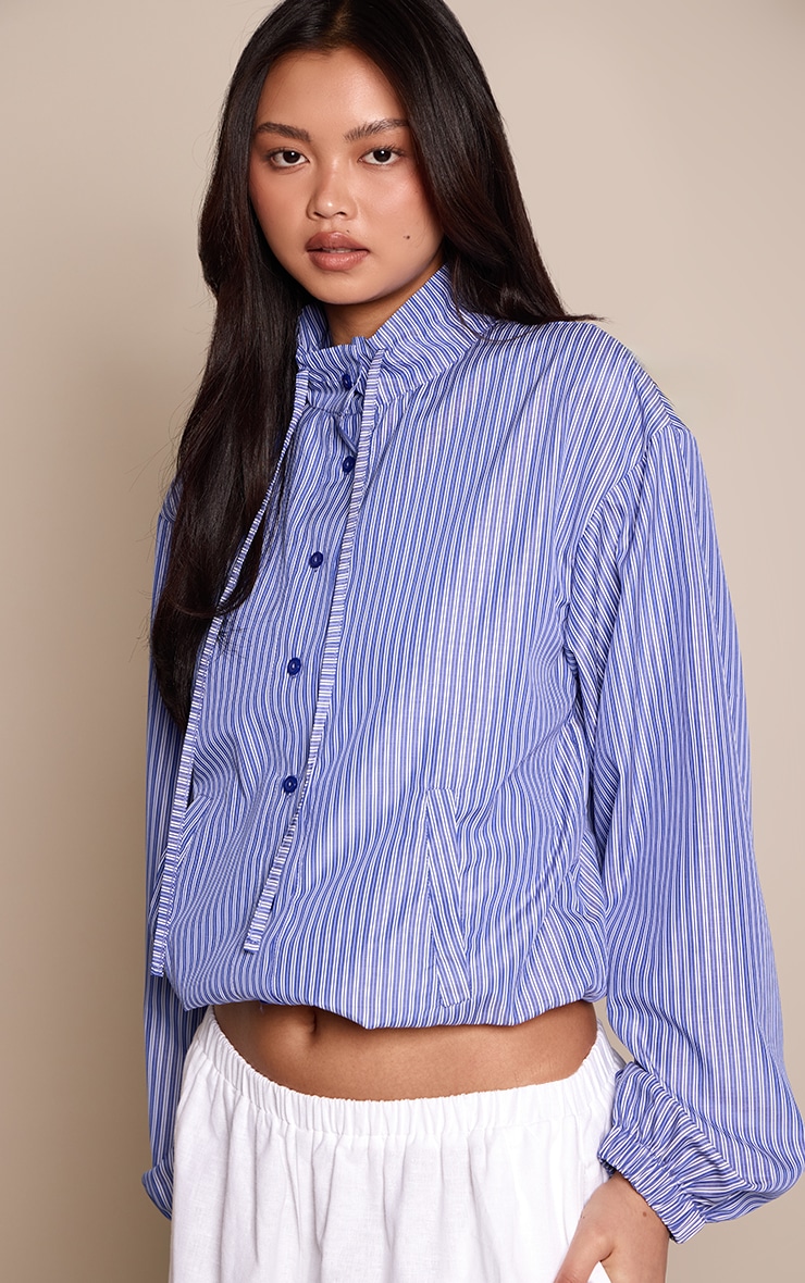 Blue Striped Print Funnel Neck Elasticated Waist Shirt