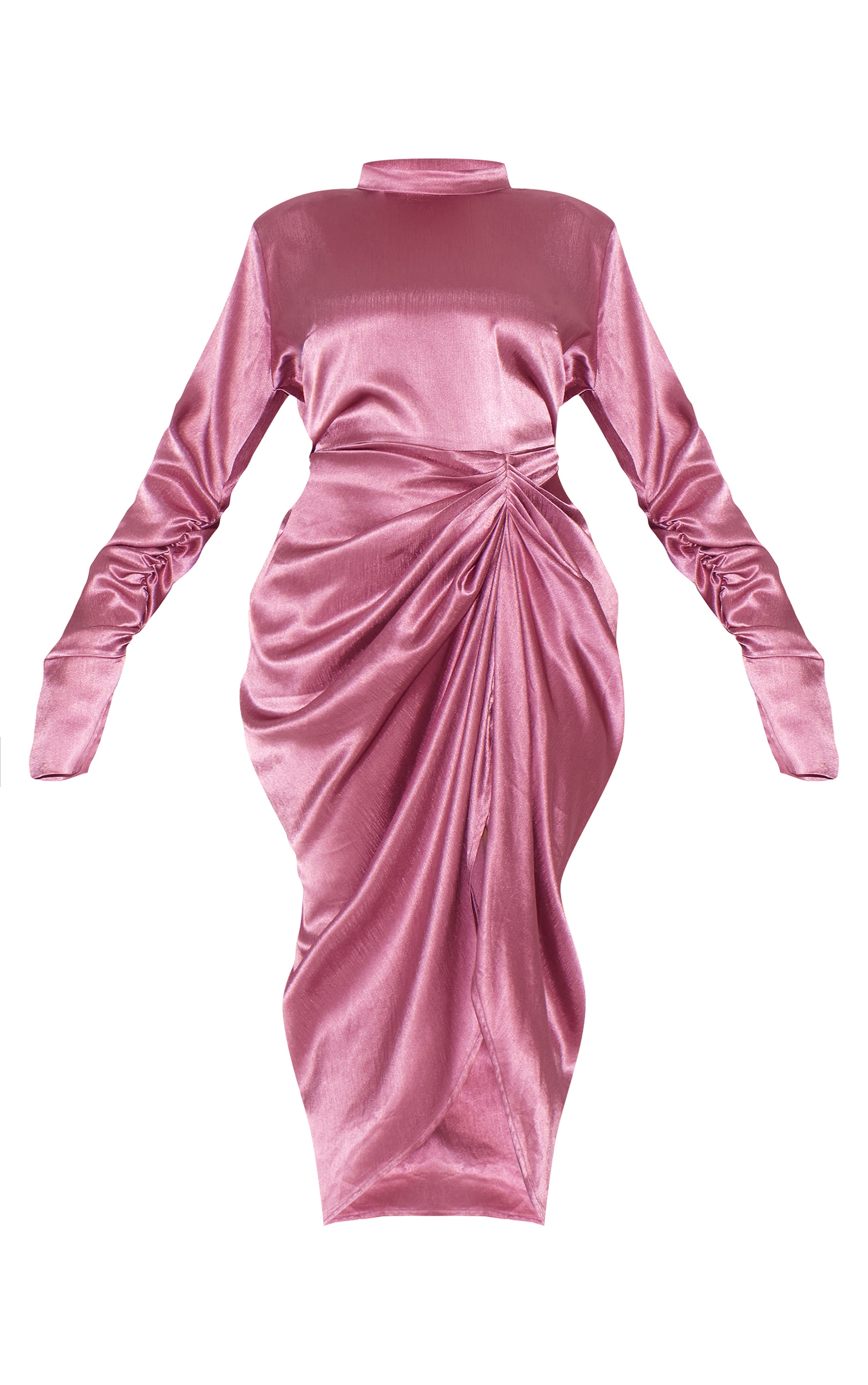 Plus Deep Rose High Neck Ruching Detail Satin Midi Dress image 5