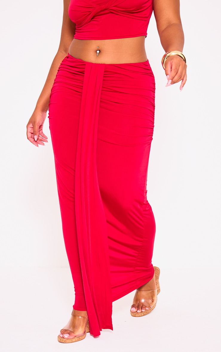 Plus Red Slinky Drape Detail Maxi Skirt image 2