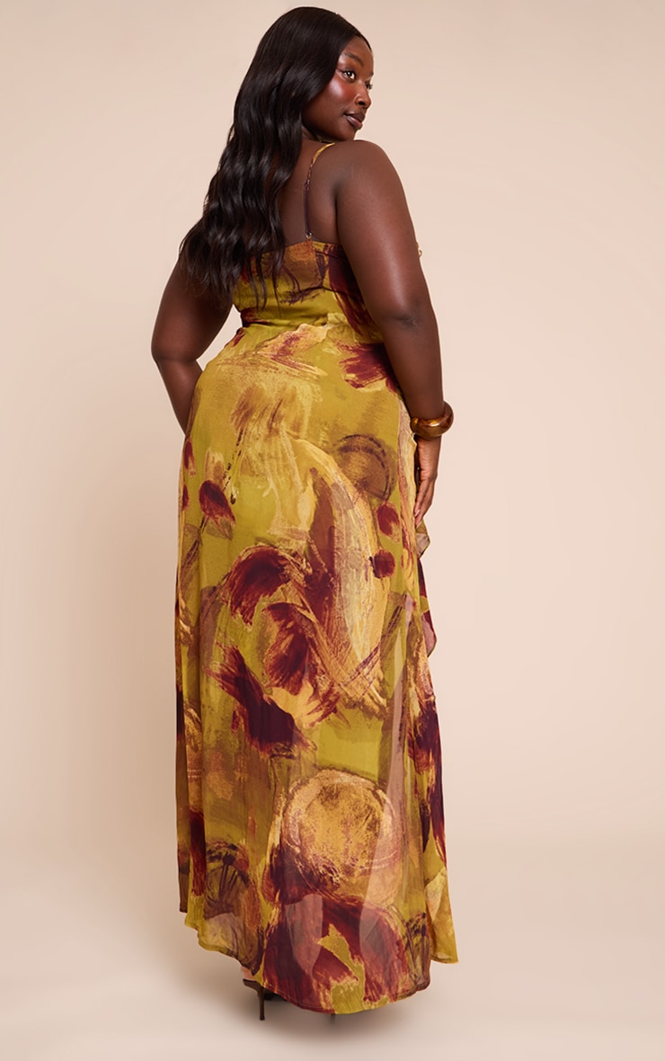 Plus Olive Smudge Chiffon Frill Plunge Strappy Maxi Dress image 2
