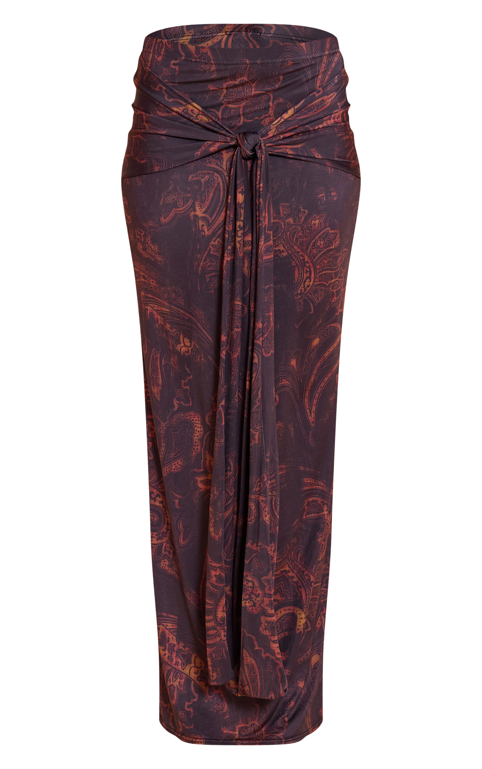 Dark Brown Paisley Print Slinky Tie Detail Maxi Skirt image 5