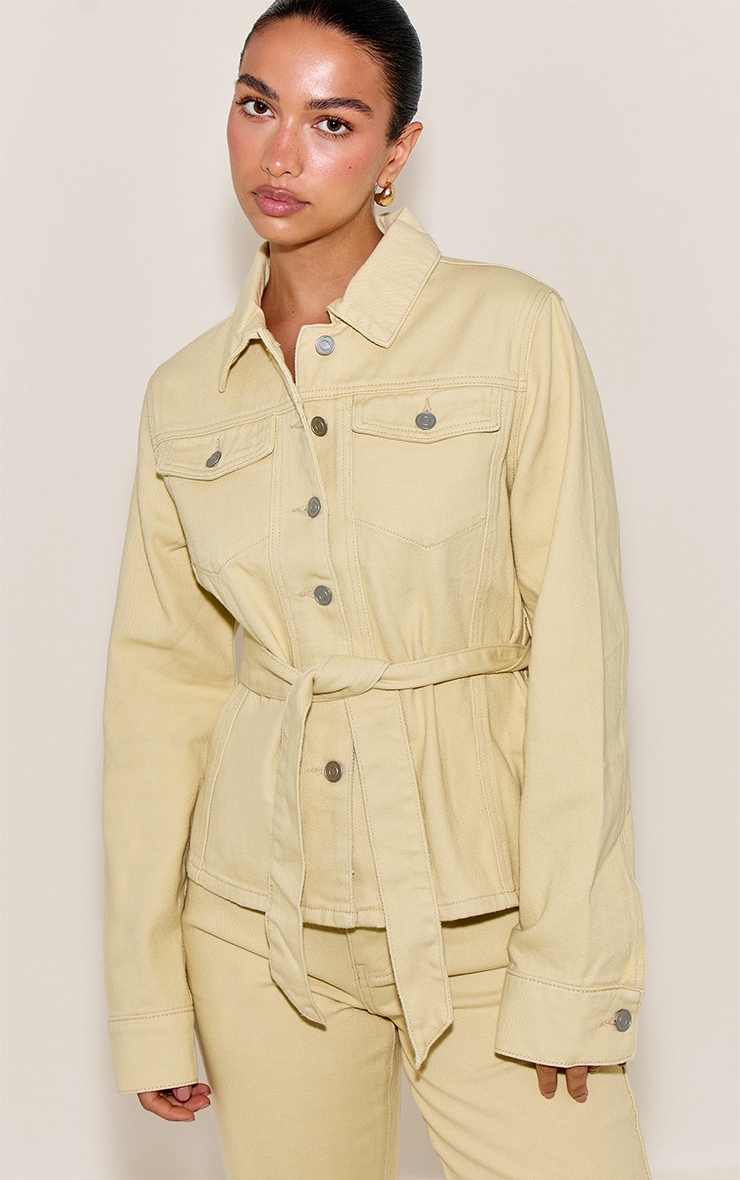 Butter Yellow Cinched Waist Belted Denim Jacket image 1