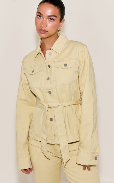 Butter Yellow Cinched Waist Belted Denim Jacket