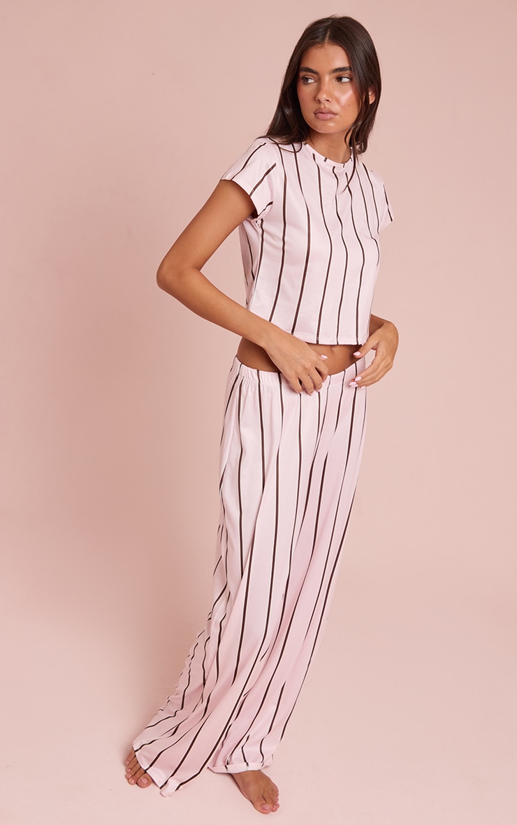 Pink & Brown Stripe Short Sleeve and Wide Leg Pant PJ Set image 3