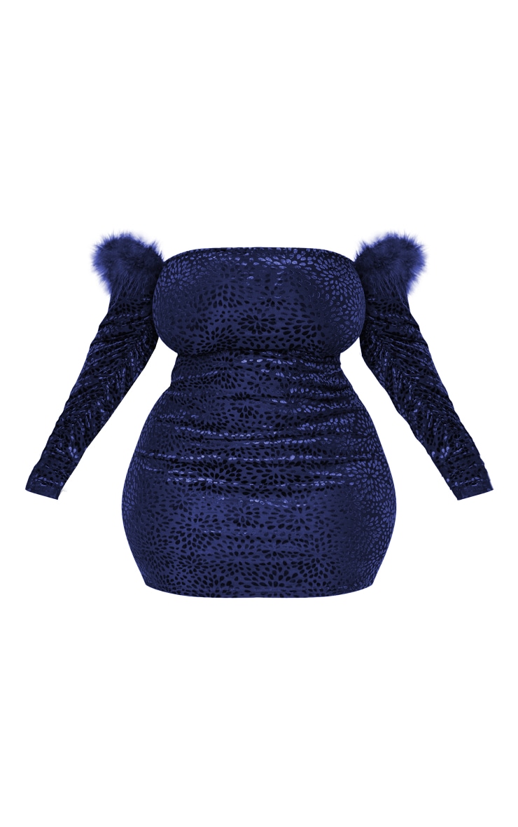 Plus Navy Devore Faux Feather Trim Bandeau Dress image 1