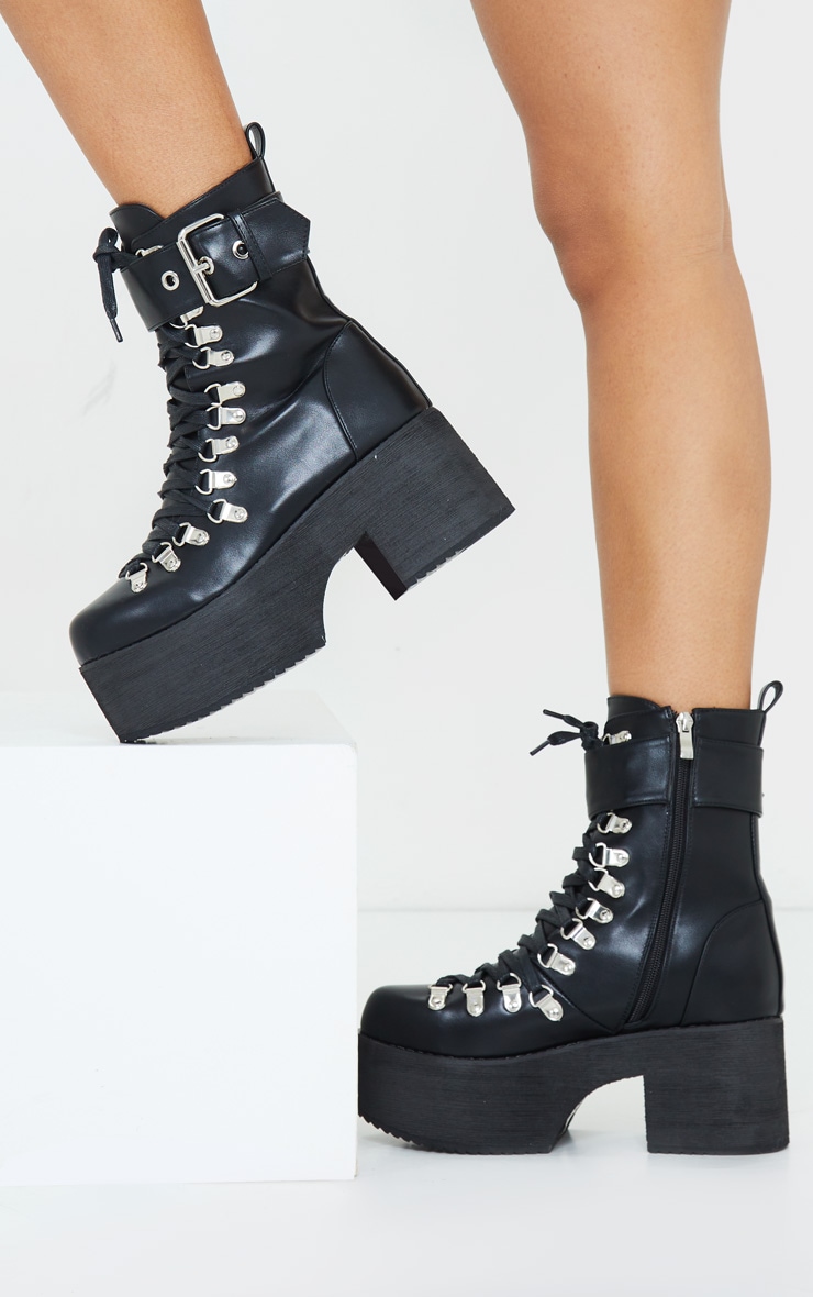 Black Buckle Lace Up Detail Eyelet Platform Heeled Boots