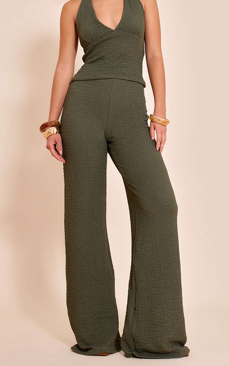 Khaki Textured Drawstring Straight Leg Pant image 2