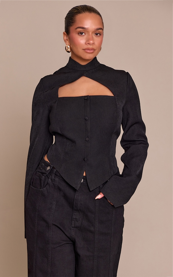 Shape Black High Neck Button Detail Jacket