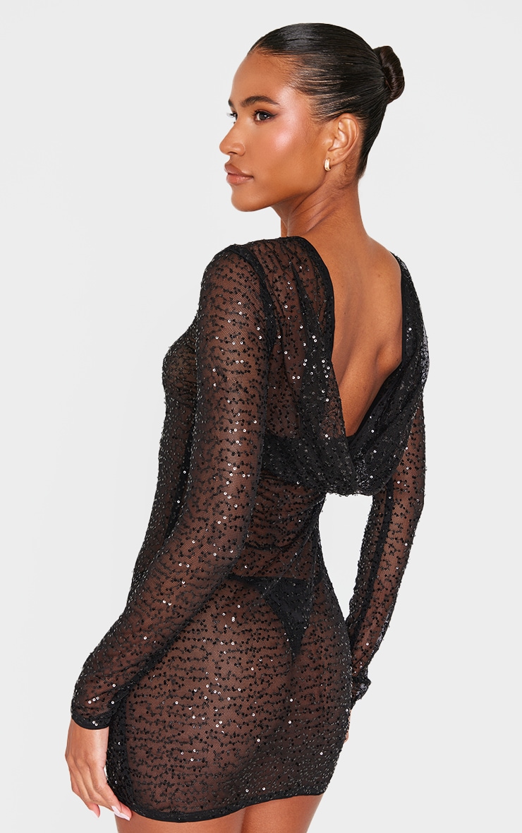 Black Sheer Sequin Cowl Back Shift Dress image 2