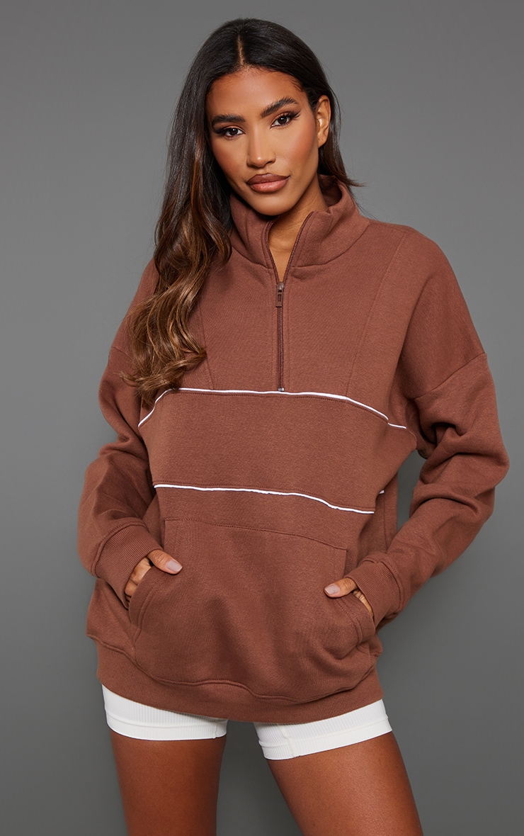 Mocha Half Zip Oversized Contrast Piping Sweatshirt