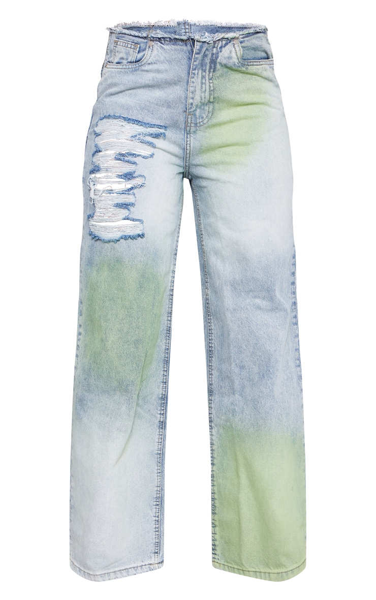 Green Tint Vintage Wash Distressed Seam Detail Wide Leg Jeans image 5