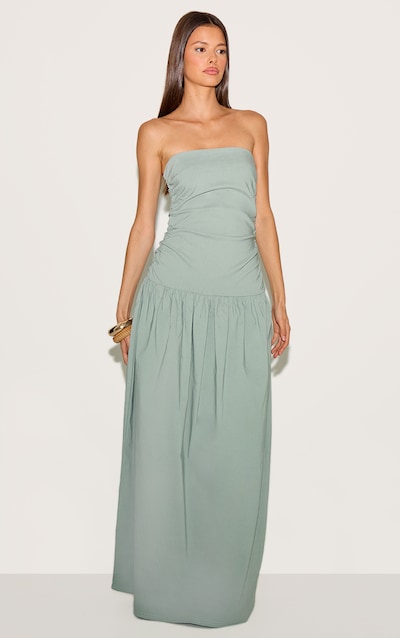 Robe bustier longue tissée stretch sauge froncée