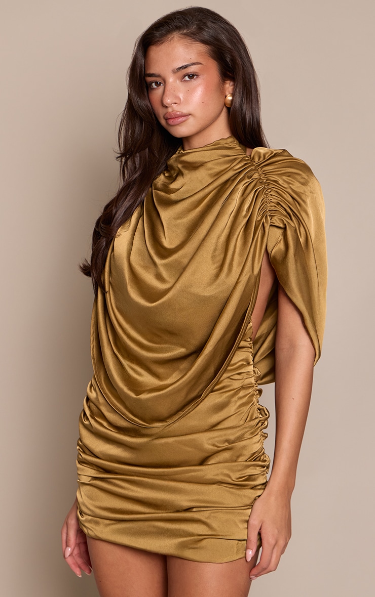 Golden Olive Satin Ruched Overlay Mini Dress image 1