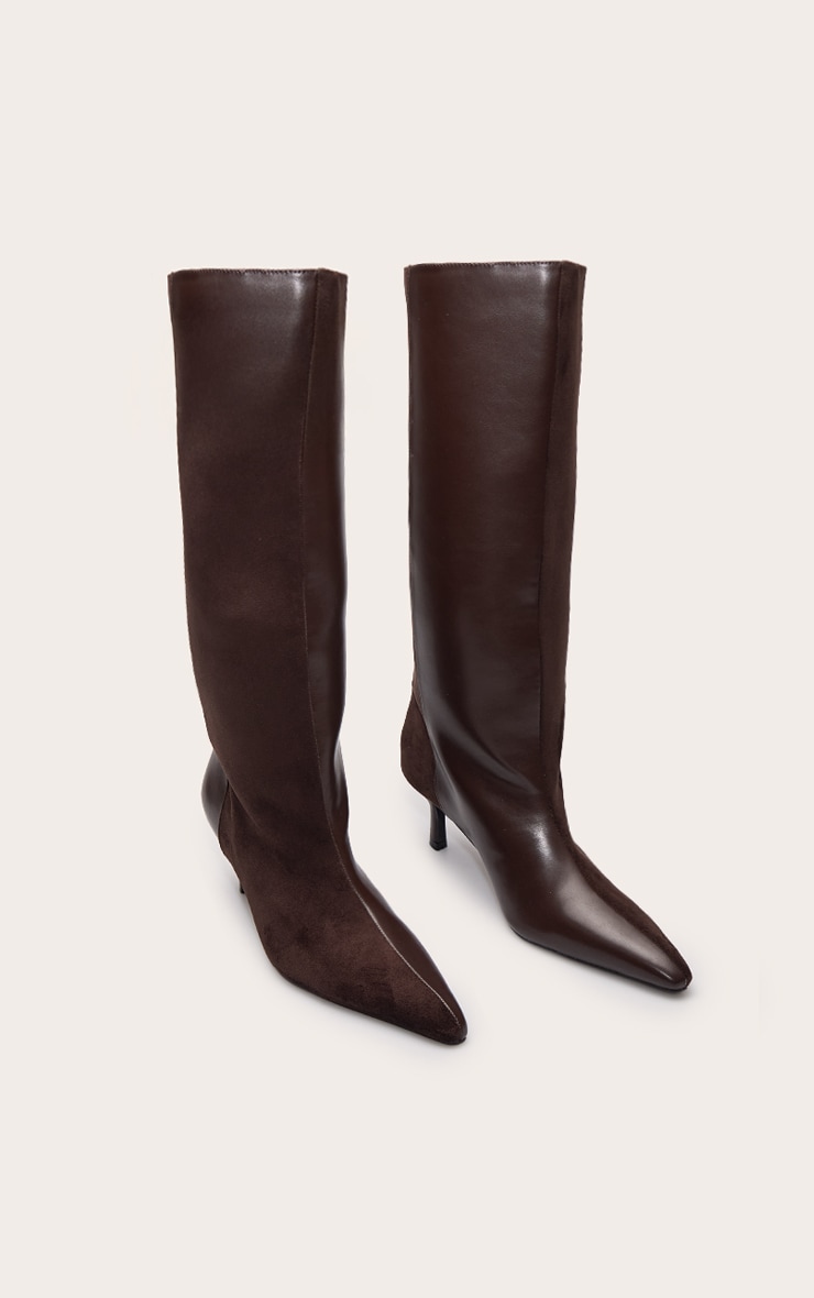 Chocolate PU Suede Contrast Heeled Knee High Boot image 3