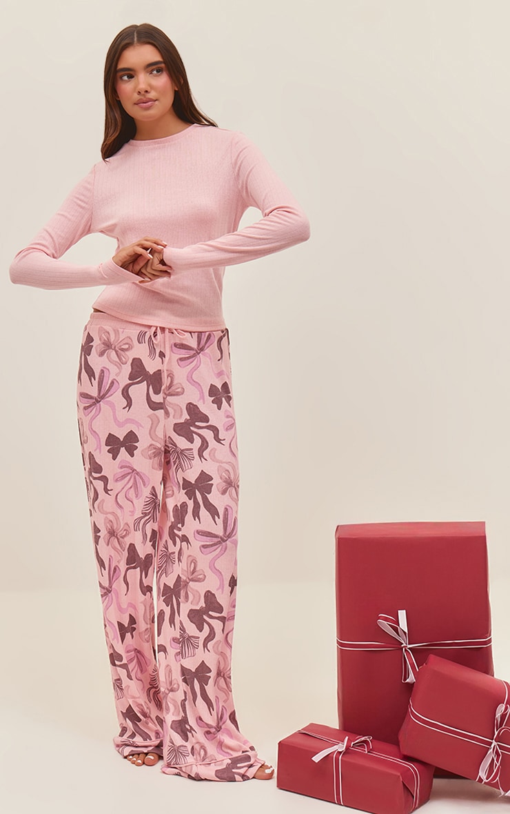 Pink Fitted Pointelle Long Sleeve Top and Christmas Bow Pant PJ Set image 3
