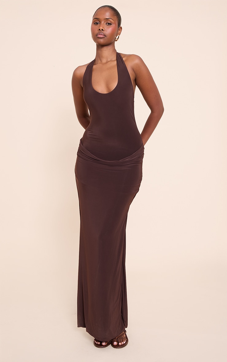 Chocolate Slinky Halterneck Ruched Detail Maxi Dress image 1
