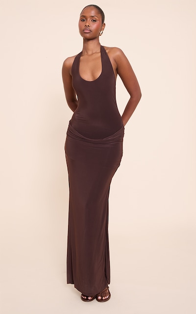 Robe longue moulante chocolat froncée à dos nu