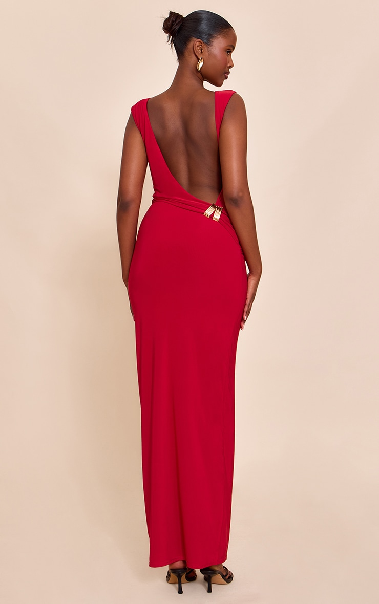 Red Double Layer Slinky Low Back Trim Detail Maxi Dress image 3