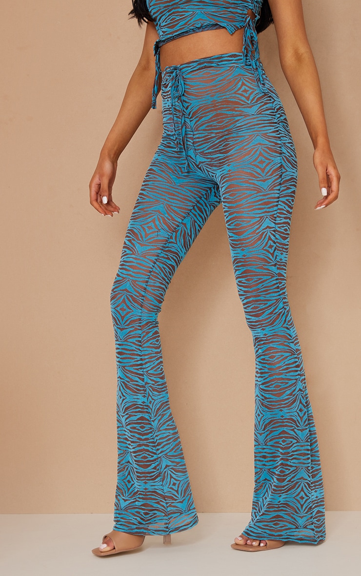 Tall Blue Wave Print Flock High Waisted Mesh Flared Pants image 2