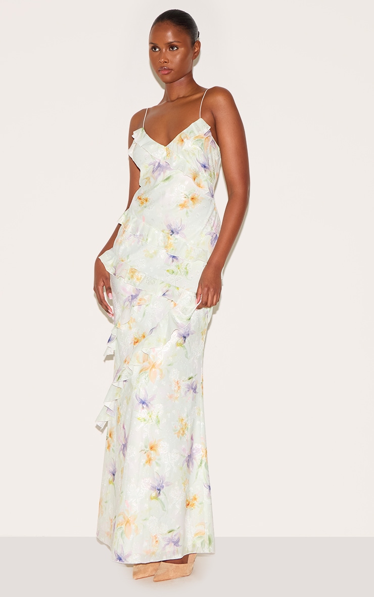 Multi Floral Embroidered Frill Maxi Dress image 3