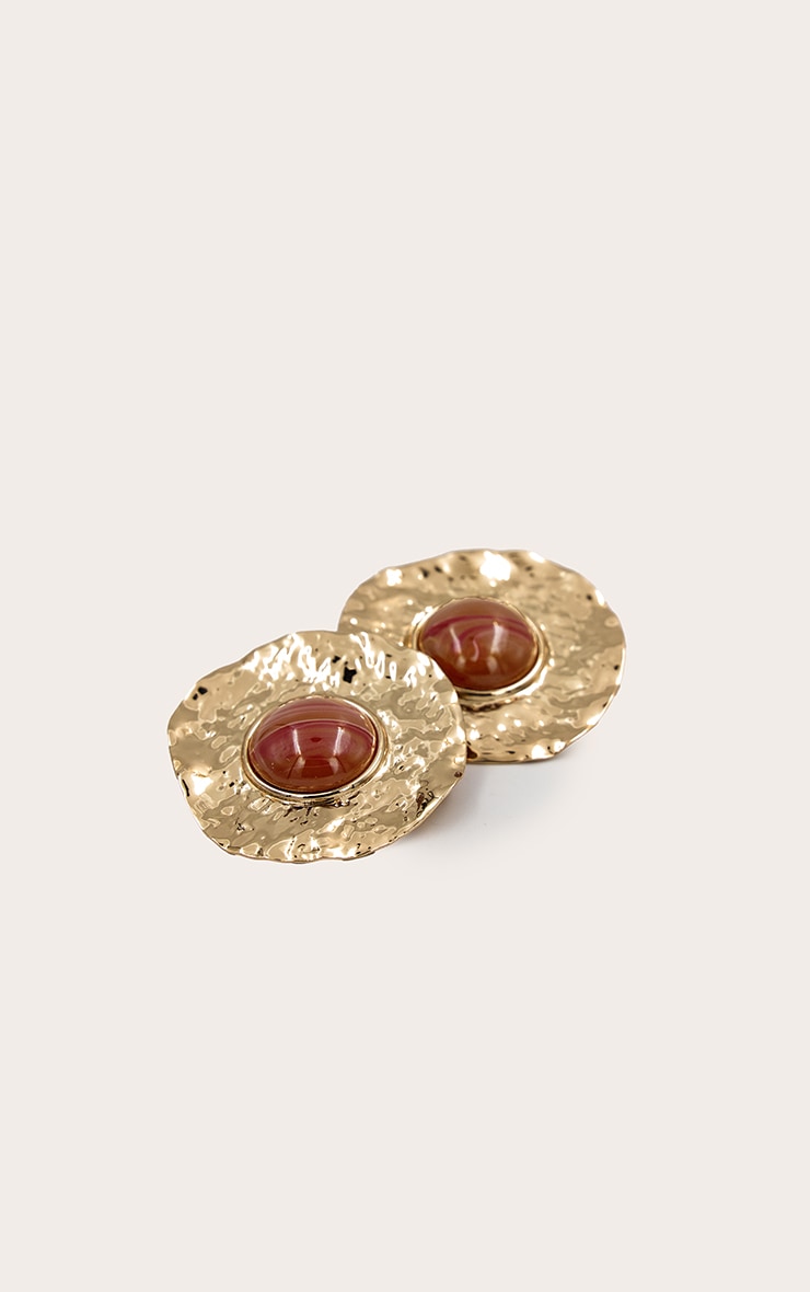 Gold Hammered Smokey Brown Resin Statement Earrings image 3