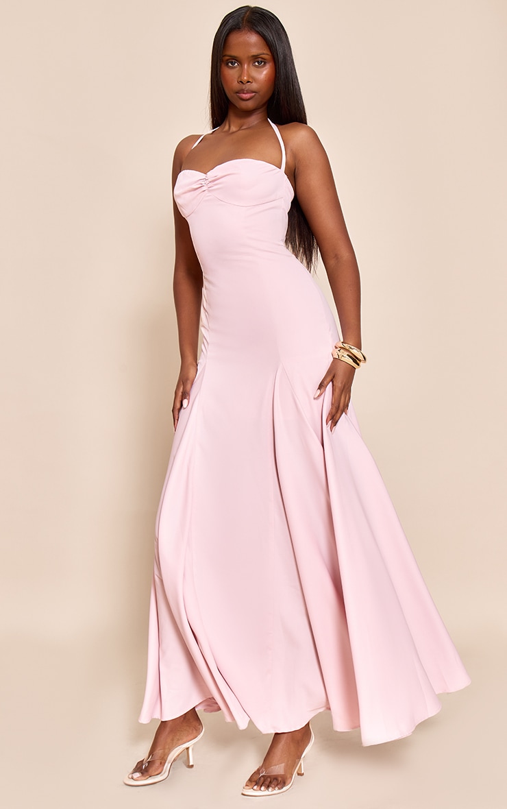 Blush Woven Halterneck Ruched Bust Detail Maxi Dress image 1