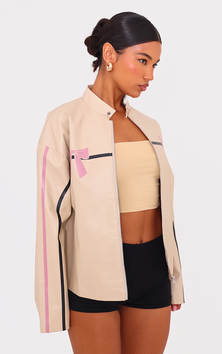 Cream Faux Leather Bow Print Detail Jacket image 3