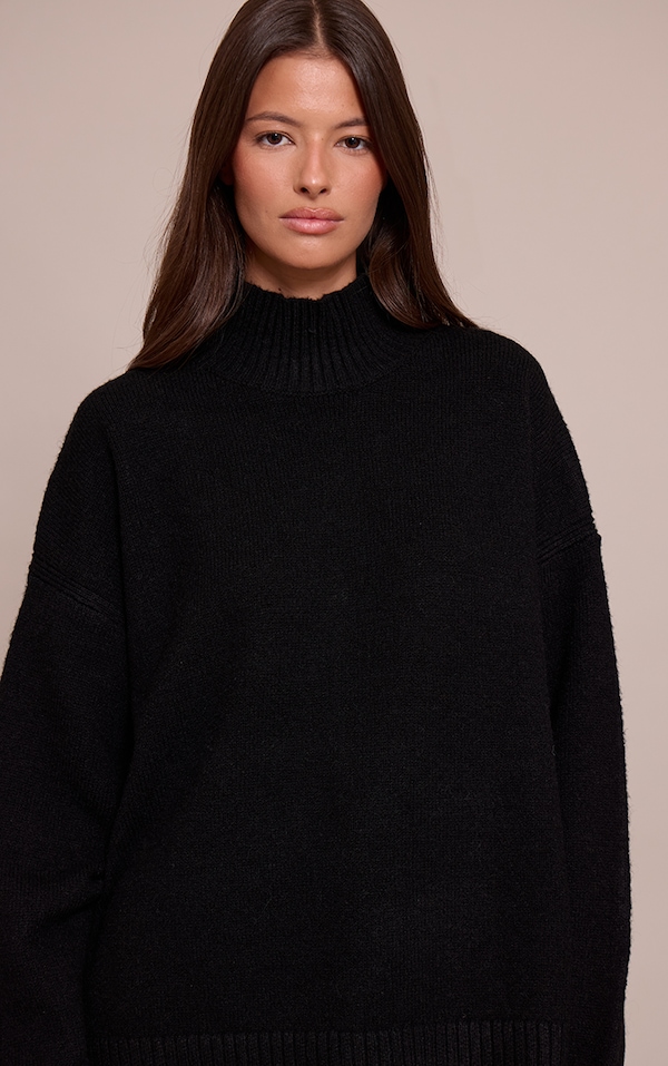 Black Oversized Polo Neck Knitted Sweater