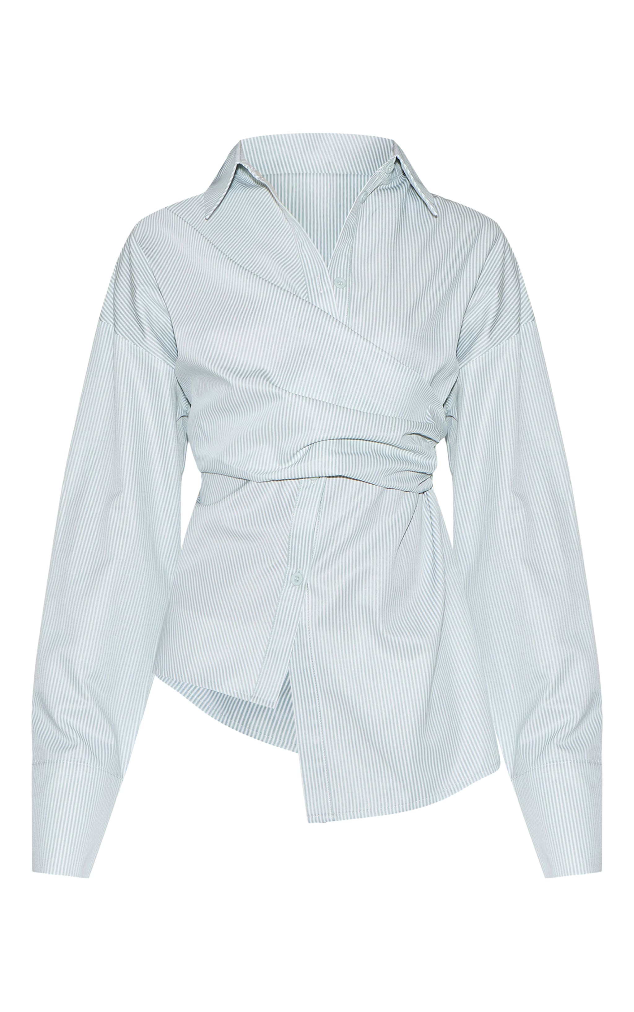 Sage Green Stripe Asymmetric Drape Shirt image 5