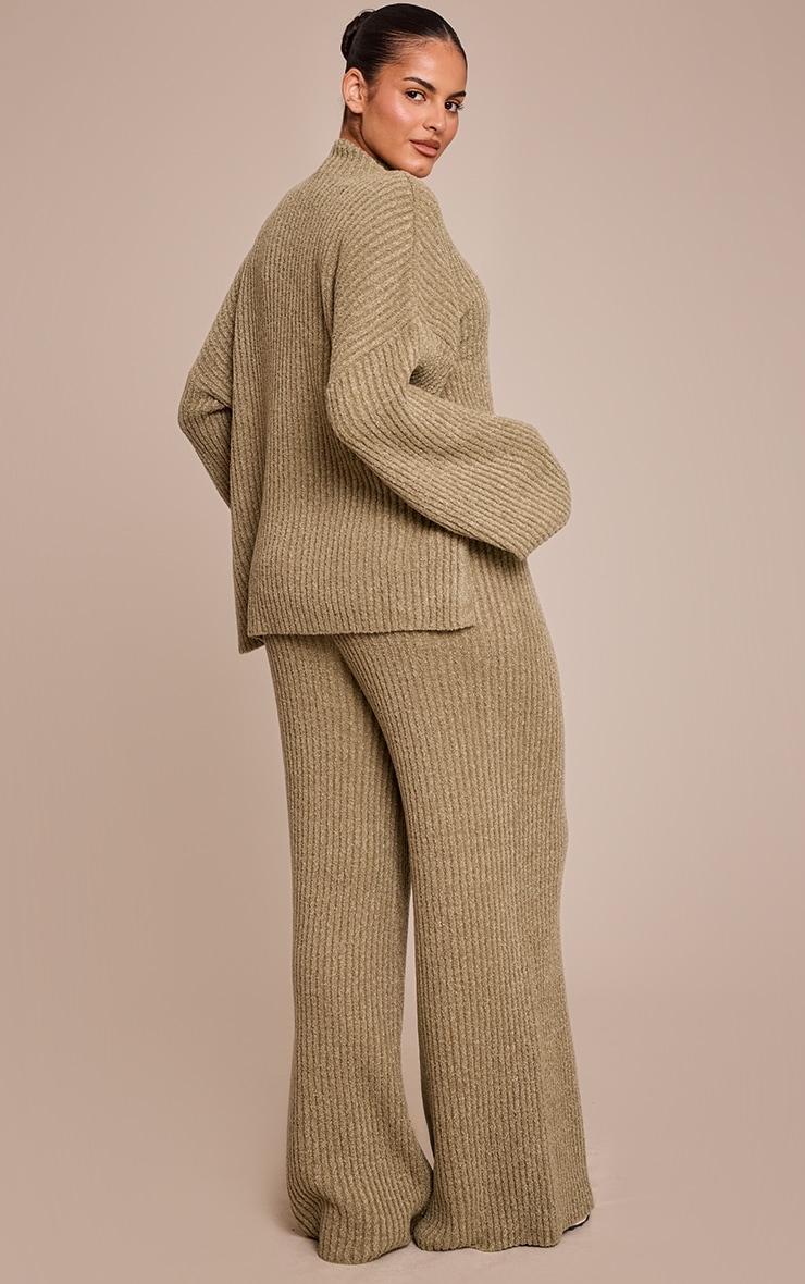 Plus Khaki Rib Boucle Knit Wide Leg Pants image 3
