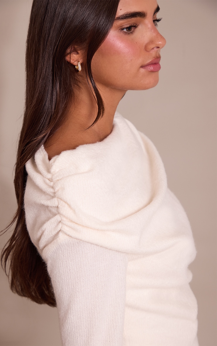 Cream Brushed Slouchy Ruched Long Sleeve Top image 4
