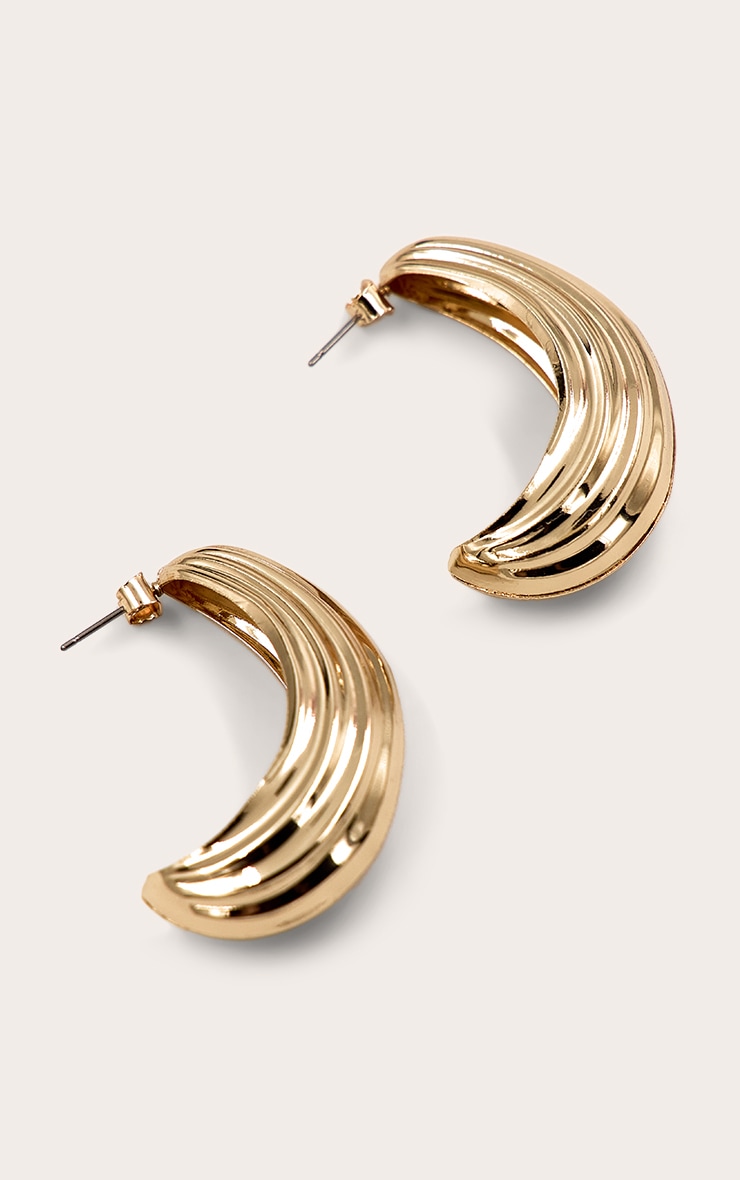 Gold Curved Textured Hollow Hoop Earrings image 3
