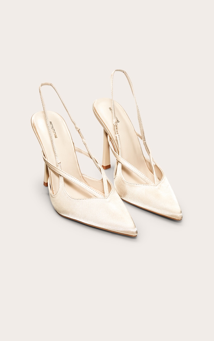 PLT Label Champagne Satin Sling Back Strappy Stiletto Heel Court image 3