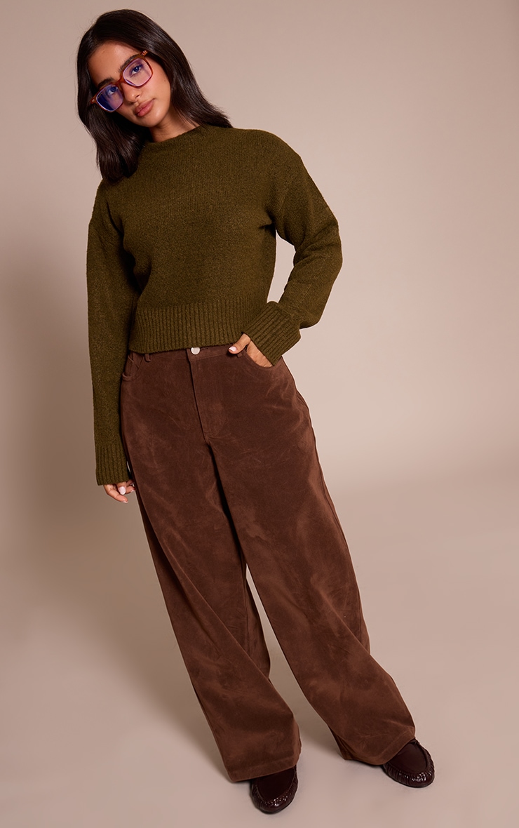 Petite Khaki Knit High Neck Crop Sweater image 3