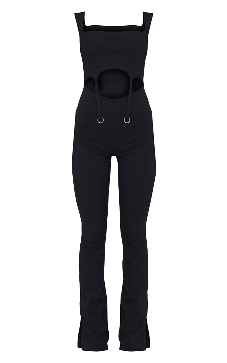 Black Stretch Woven Stirrup Hem Strappy Flared Jumpsuit image 5