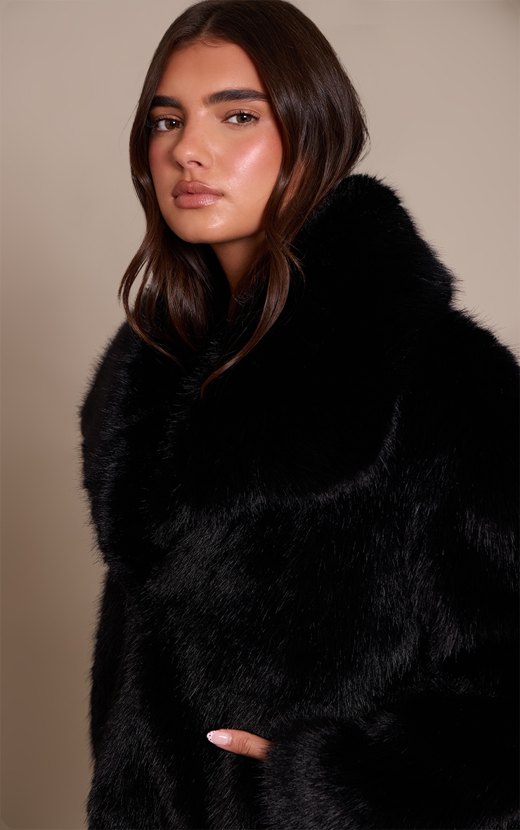 Black Faux Fur Short Shawl Collar Coat image 4