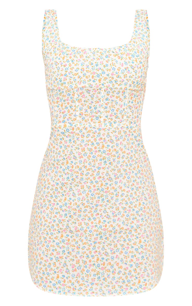 Multi Floral Print Linen Look Corset Detail Bodycon Dress image 5