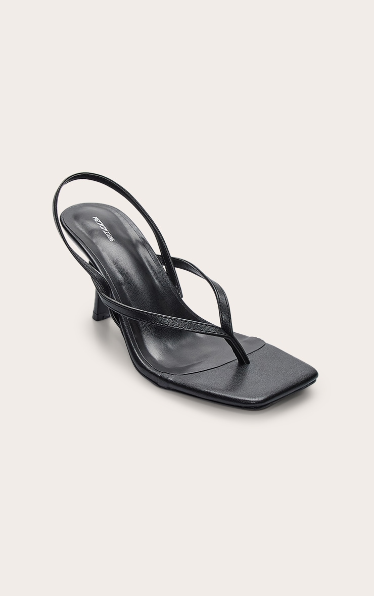Black Pu Square Toe Thong Sling Back Mid Heeled Sandals image 2