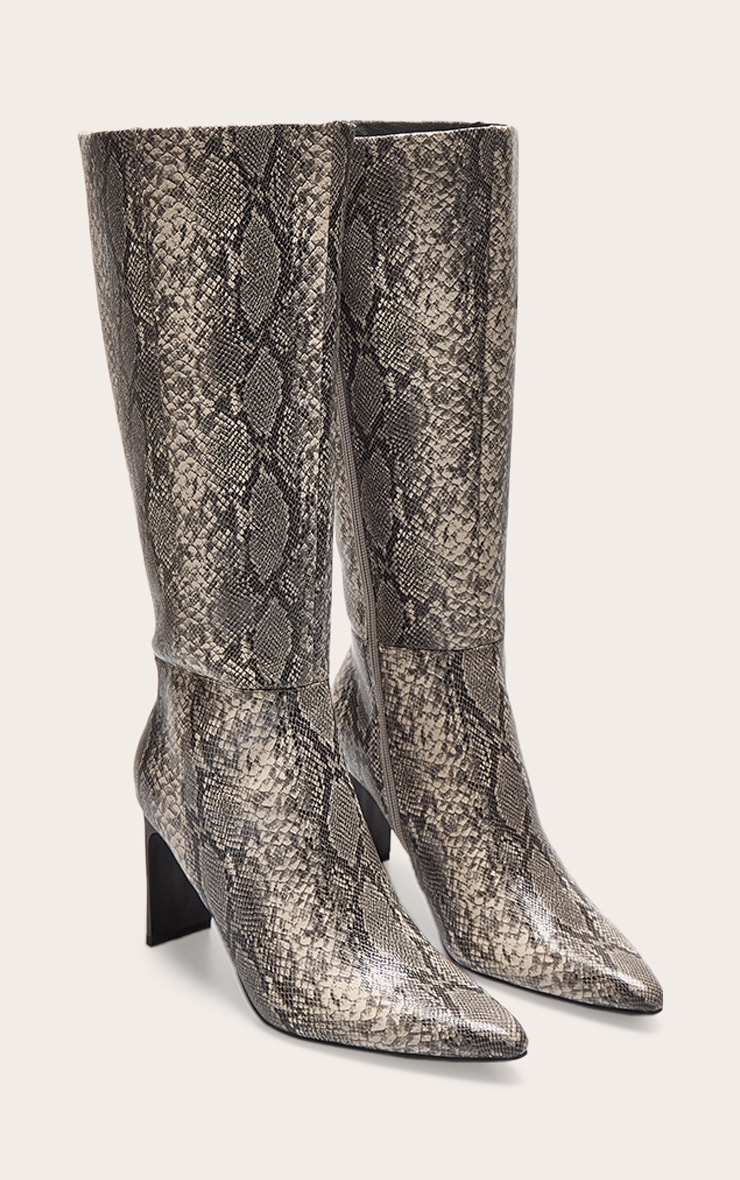 Bottes hautes pointues en PU imprimé serpent à talon carré fin haut image 2