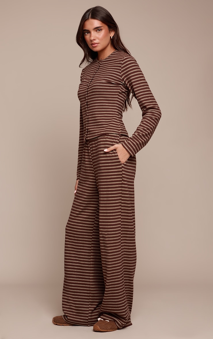 Dark Brown Soft Fleece Striped Button Up Top image 3