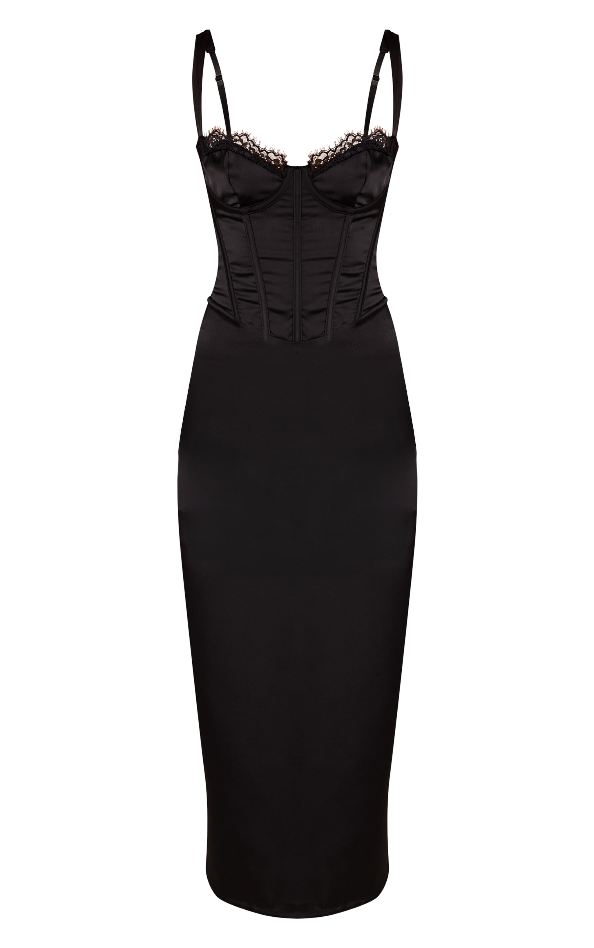 Black Satin Lace Cup Detail Midi Dress image 5