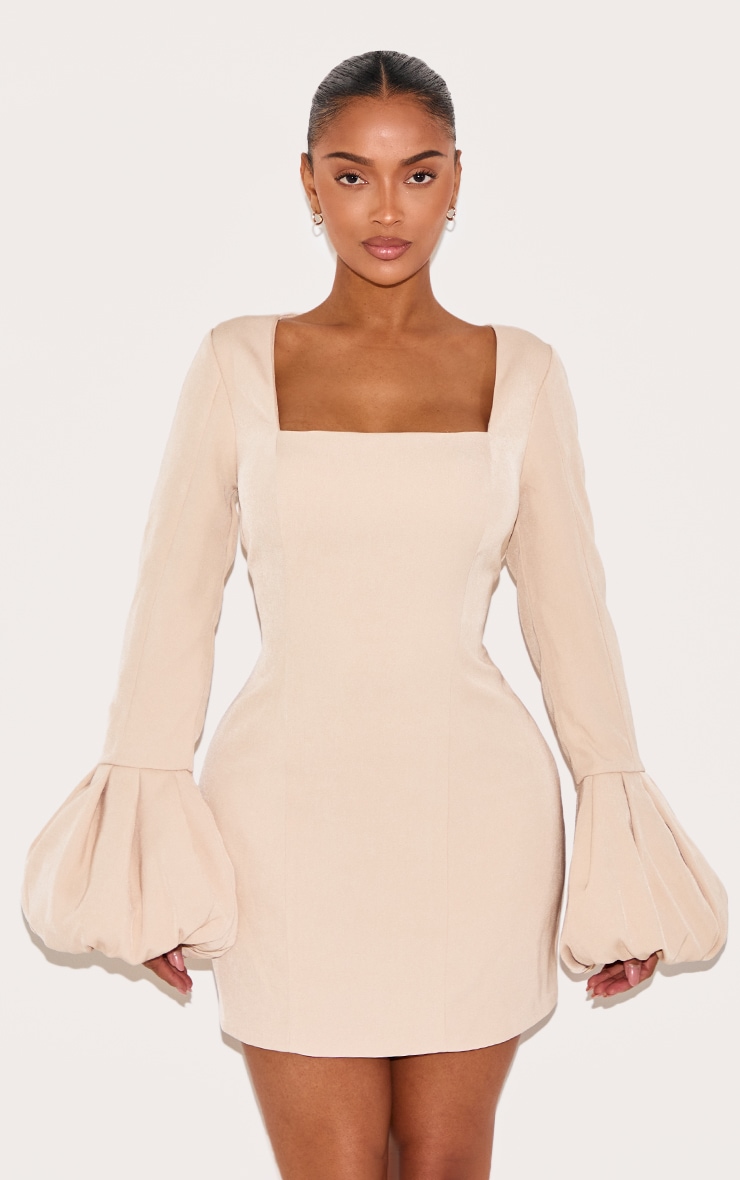 Shape Pebble Woven Square Neck Puffball Sleeve Mini Dress image 1