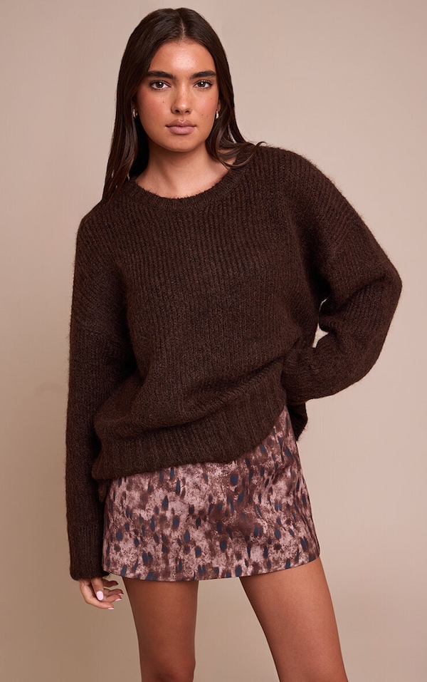 Mini-jupe trapèze tissée imprimé marron