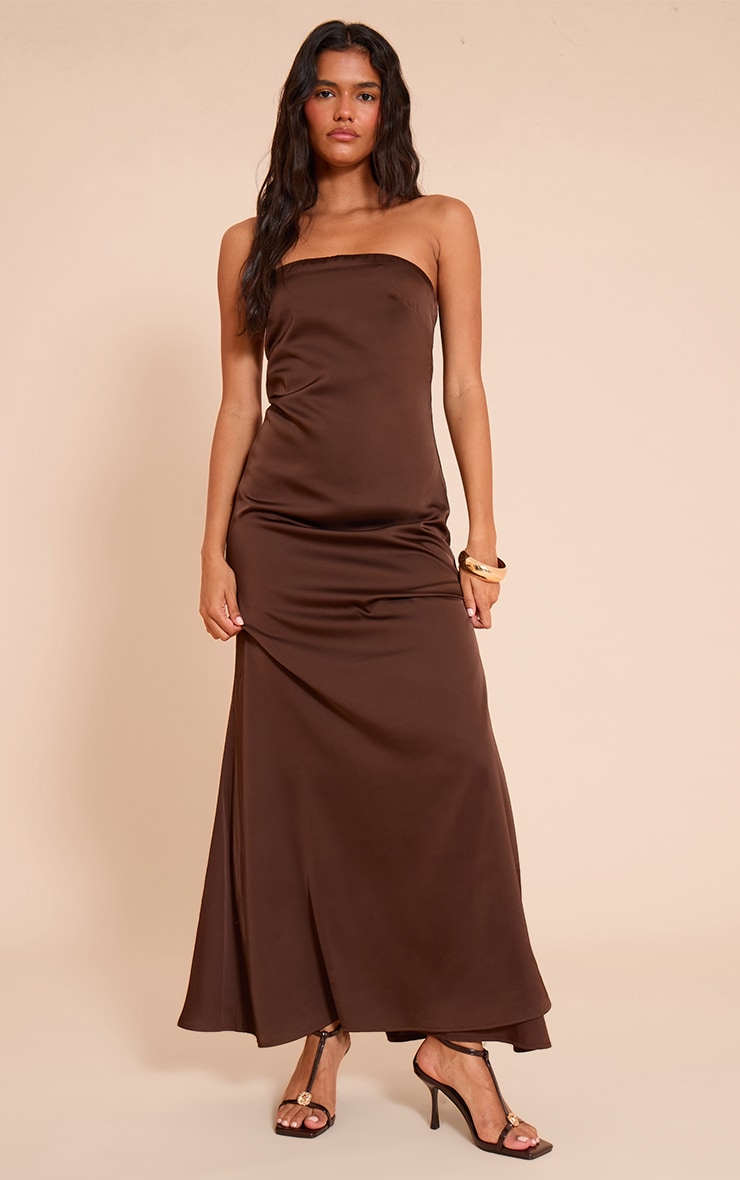 Chocolate Satin Bandeau Maxi Dress image 3