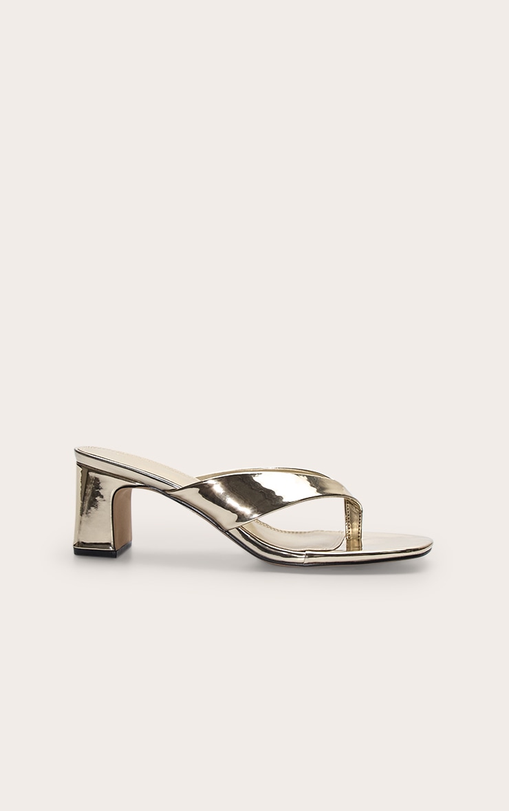 Gold Pu Round Toe Thong Mid Block Heeled Mules image 5